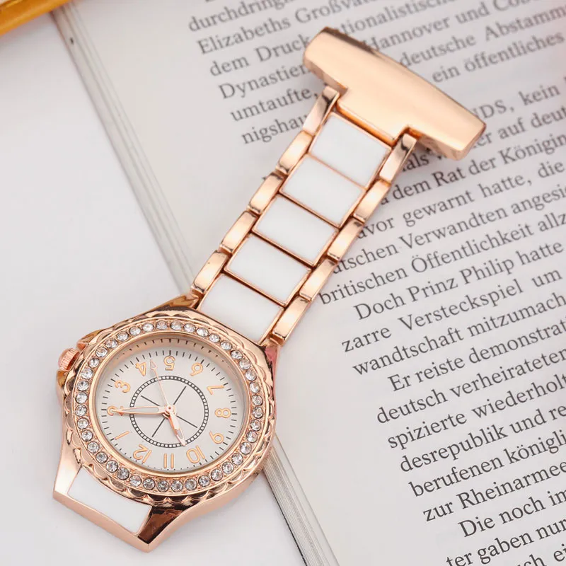 أزياء Crystal Rose Gold Clip-On Pocket Watch Tenalog Brooch Elegant Steel Women Men Contsz Luxury Fanseds Watch Fob Gifts274S