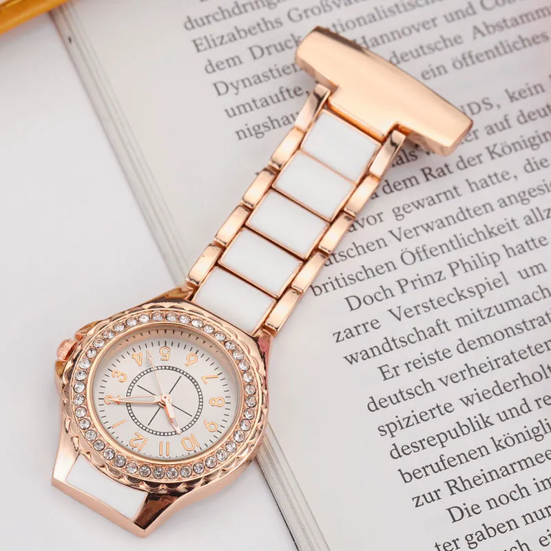 Fashion Crystal Rose Gold Clip-on Pocket Watch Analog Brooch Elegant Steel Women Men Quartz Luxury Nurses Watch FOB Gifts274s