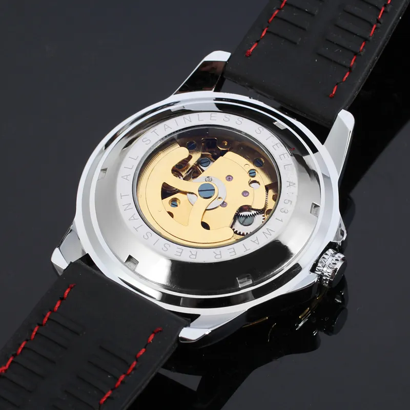 새로운 수상자 패션 남성 실리콘 스포츠 시계 골격 손 눈을 가진 기계 손목 시계 군용 시계 Erkek Kol Saati307G