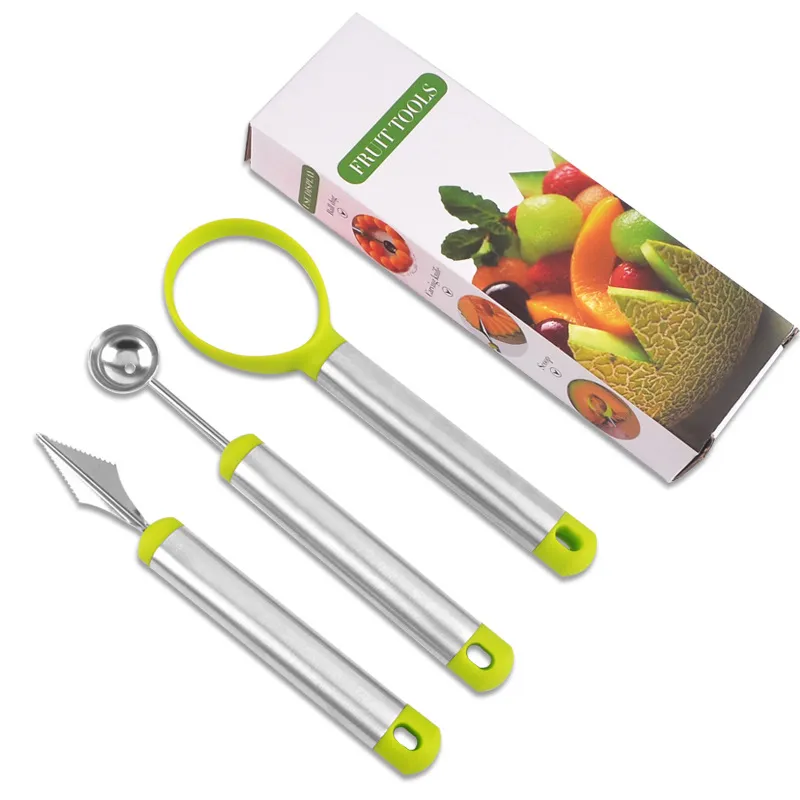 Stainless Steel Watermelon Slicer Cutter Set Fruit Carving Tools Knife Melon Baller Scoop for Ice Cream Vegetable Cantaloupe Multi-functional Slicer