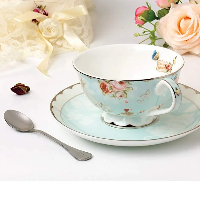 Conjuntos de xícara de chá, pires e colher, xícaras de chá vintage de osso real, flor rosa, conjunto de caixa azul 7-Oz278c