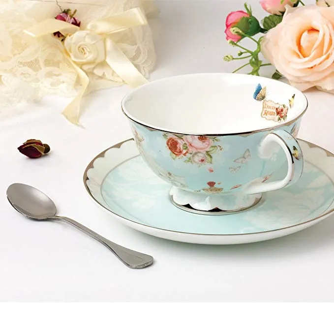 مجموعات Teacup و Saucer and Spoon عتيقة العظم Royal China Tea Cups Rose Flower Blue Boxed Set 7-Oz2448