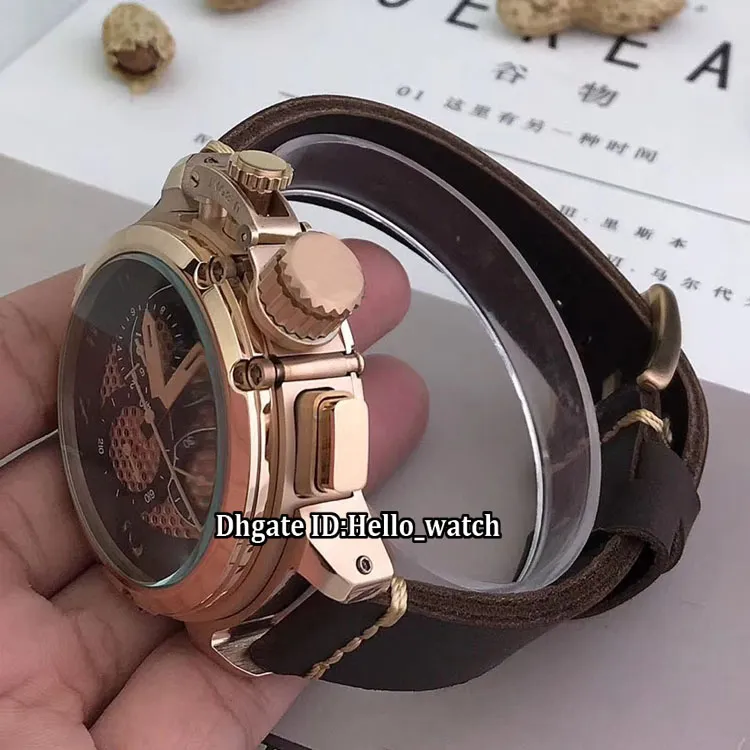 Günstige Linkshänder 50 mm U51 U-51 Skelett schwarzes Zifferblatt Quarz Chronograph Herrenuhr Chimera 7474 Roségold Lederarmband Herren Sport267Q