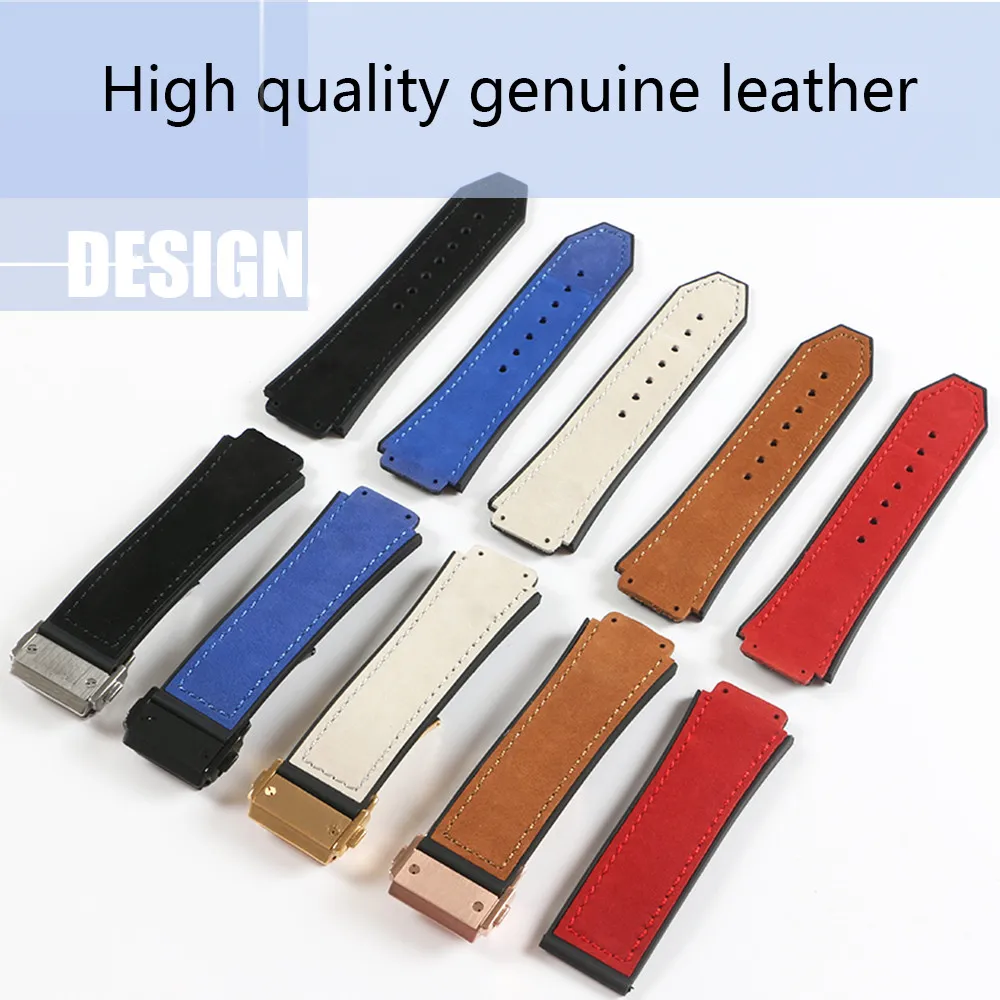 Genuine Leather Watchband Rubber Silicone Watchstrap for HUB Watch Man Strap Black Blue Brown Waterproof 25x19mm Deployment Buckle305d