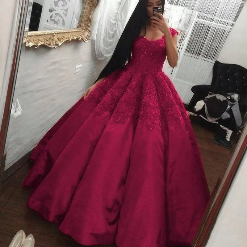 Dubai Cap Arabic Sleeves Fuchsia Satin Lace Prom Dresses Beaded Ball Gown Plus Size Pageant Party Dress Formal Evening Gowns s