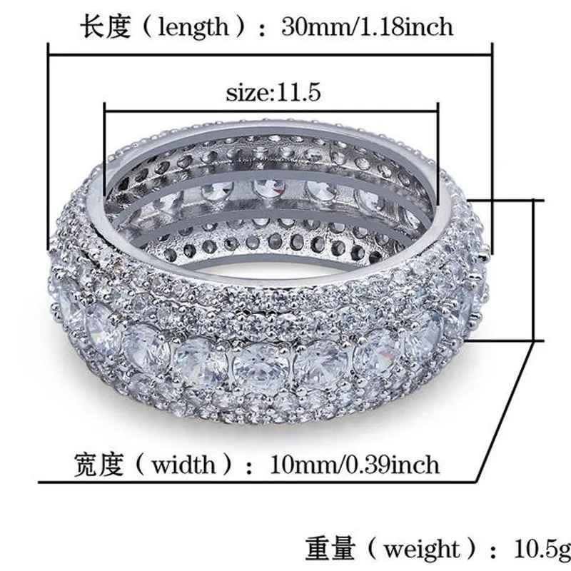 Mens Bling Royal 360 Eternity Gold Silver CZ Anneaux 5 Row CZ Cumbic Zirconia Micro Pave 18K Diamants plaqués en or jaune