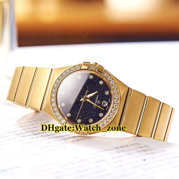27 mm Dream Blue Starry Sky Dial Reloj de cuarzo suizo para mujer Bisel de diamante Dos tonos Oro rosa Banda de acero inoxidable Fashion Lady Watch2543