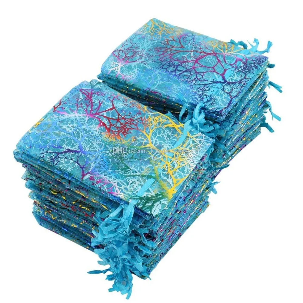 100 peças sacos de organza coral azul 10x15cm saco de presente de casamento bonito doces sacos de embalagem de jóias com cordão bolsa 315x