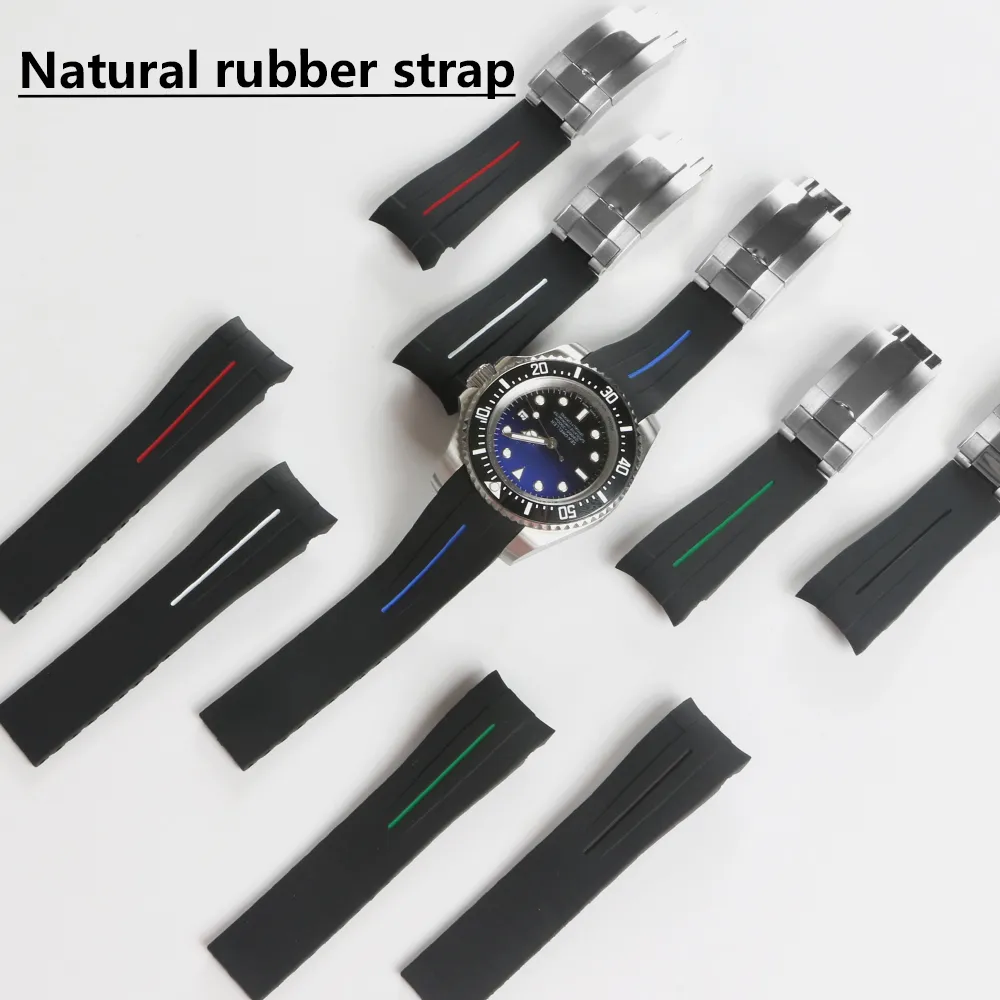 Pulseira de borracha à prova d'água para mar profundo, pulseira de aço inoxidável com fivela de implantação, pulseira de relógio 21mm, preto e azul re258c