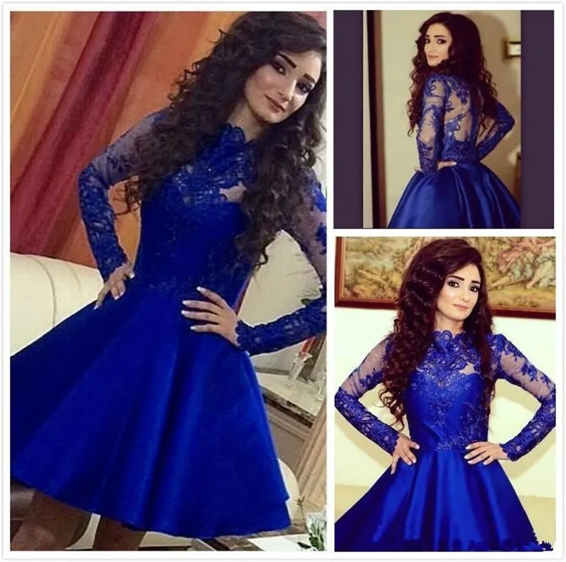 Sexy Royal Blue Jewel Neck Lace Appliques Bodice Short Party Dresses With Sheer Long Sleeves Mini Prom Party Dresses Custom Made