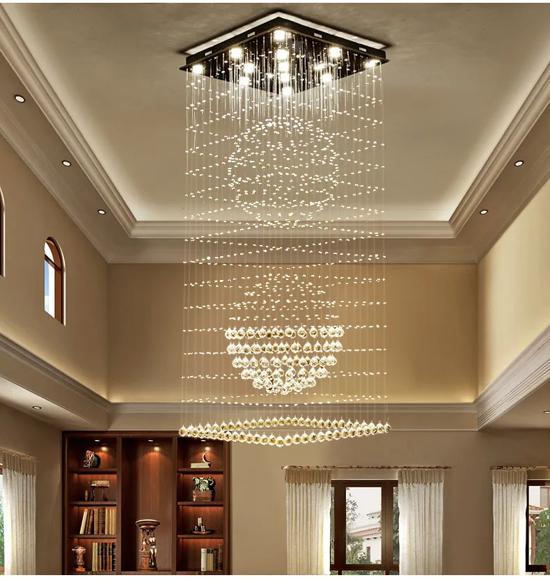 Współczesne kwadratowe kryształowe żyrandole deszczowe spłukiwanie sufitu światło schodowe lampki światła el villa kryształowy kształt kulki 273r
