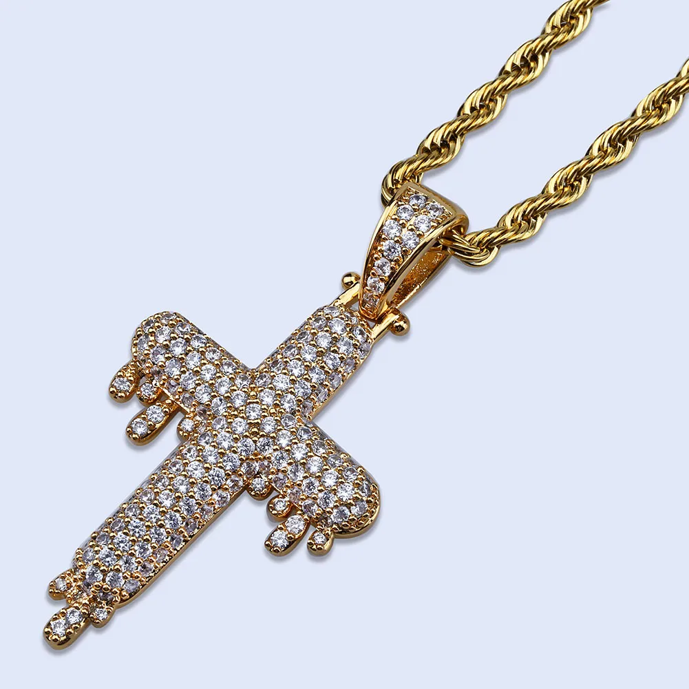 Iced Out Drop Cross Pendant Necklace Micro Pave Zircon Brass Gold Silver Color Plated Hip Hop Mens Jewelry271C