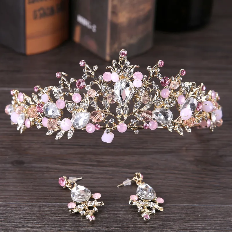 2018 Luxury Pink Bridal Crown Sparkly Beaded Crystals Royal Pearl Wedding Crowns Silk Flower Bridal Hair Accessories Tiara de noiv310p
