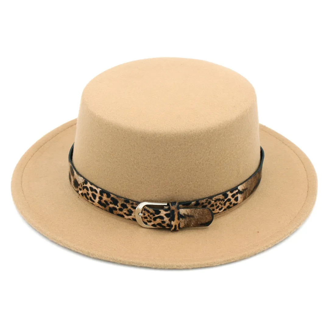 أزياء Women Wool Blend Lowler Cap Pork Hat Jazz Hat Wide Brim Flat Boater Sailor Leopard Lether Belt1896560