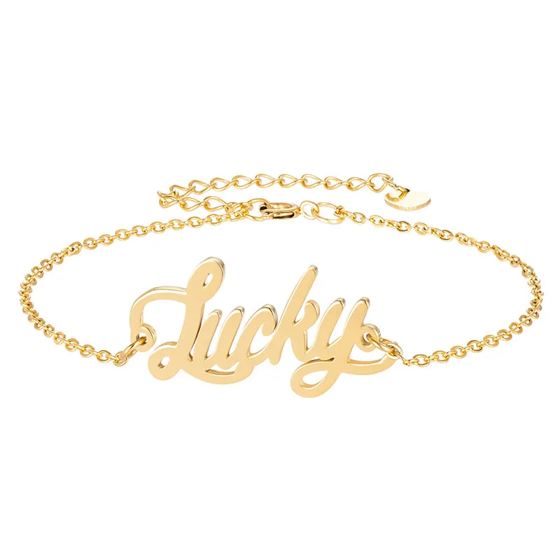 Ensemble collier et bracelet avec nom de bébé Lucky Script, personnalisé en acier inoxydable plaqué or, chaîne ras du cou avec pendentif, plaque signalétique, cadeau pour femme