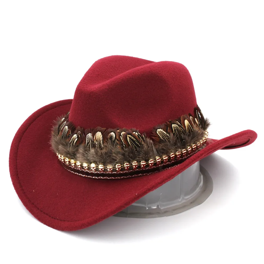 Men de mode Femmes laine Blend Western Cowboy Jazz Hat Wide Brim Sombrero Godfather Cap Caps Cowgirl Feather Band avec Skull1053941