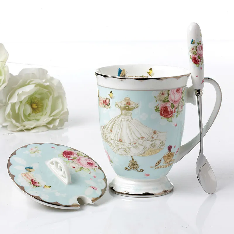 Ensemble tasse à thé, couvercle et cuillère, tasse à café en porcelaine fine Royal, 11oz, tasses à thé bleu clair, cadeau pour femmes, coffret cadeau pour maman, 313p