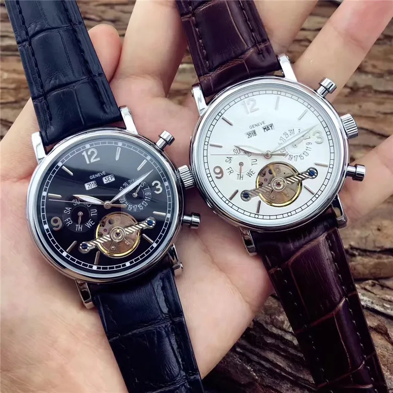 Swiss brand men's luxury Business fashion Calendar and week Leather High quality man Watches clock Tourbillon Mechanical watc2755
