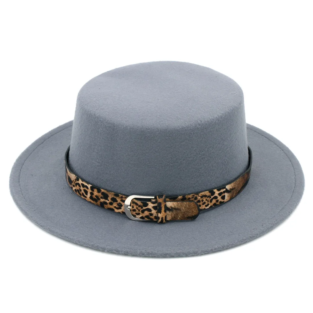 Fashion Women Wool Blend Bowler Cap Pork Pie Hat Jazz Hat Wide Brim Flat Top Boater Sailor Leopard Lether Belt1896560