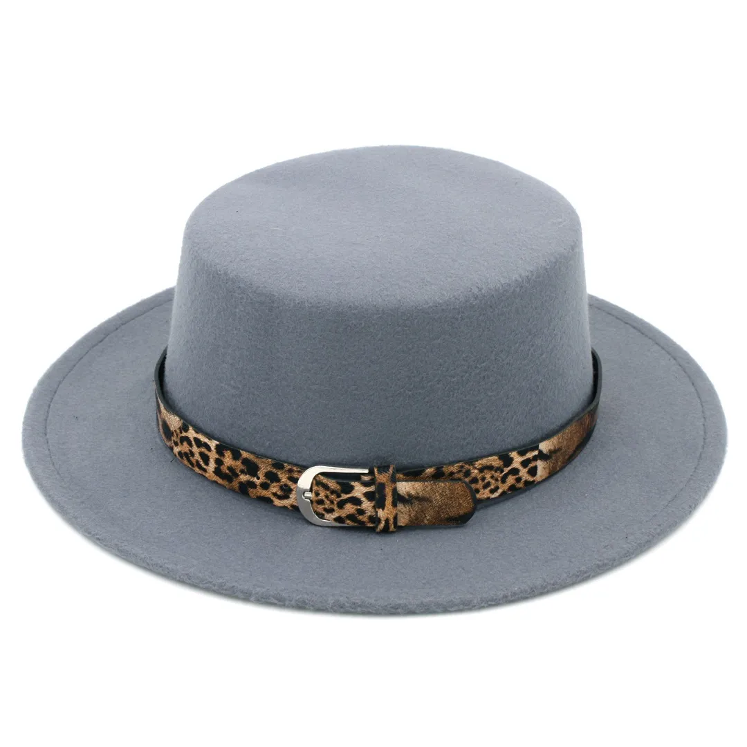 أزياء Women Wool Blend Lowler Cap Pork Hat Jazz Hat Wide Brim Flat Boater Sailor Leopard Lether Belt1896560