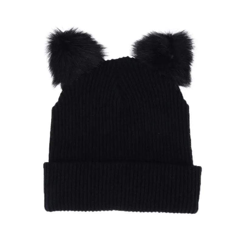 Warm Winter Hat For Women Cute Cat Ears Hat Skullies Hats Pompom Caps Female Bonnet Femme Woolen Black Knitting Braided Fur Hat Y16459997