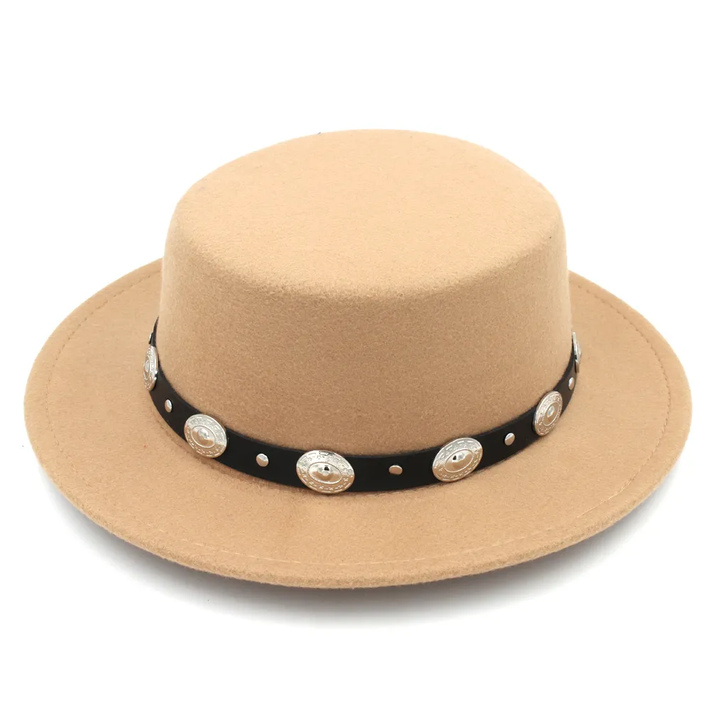 Fashion Men Women Wool Blend Bowler Cap Pork Pie Hat Flat Top Wide Brim Boater Sailor Cap Leather Band with Metal