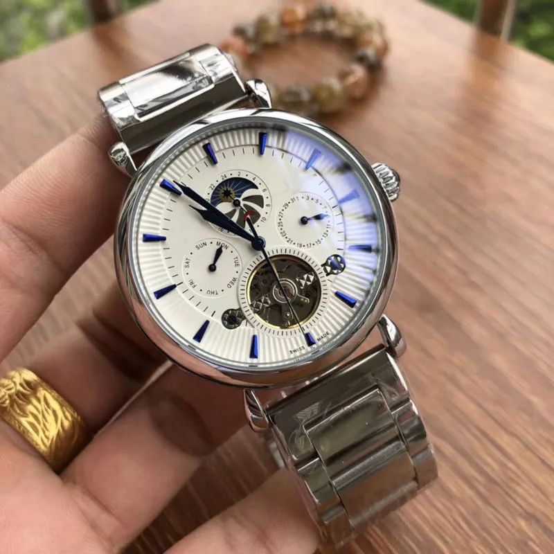 Relojes de pulsera de lujo para hombre, relojes de negocios, volante para hombre, fase lunar, subesferas, trabajo, mecánico, automático, resistente al agua, reloj masculino para ma223W