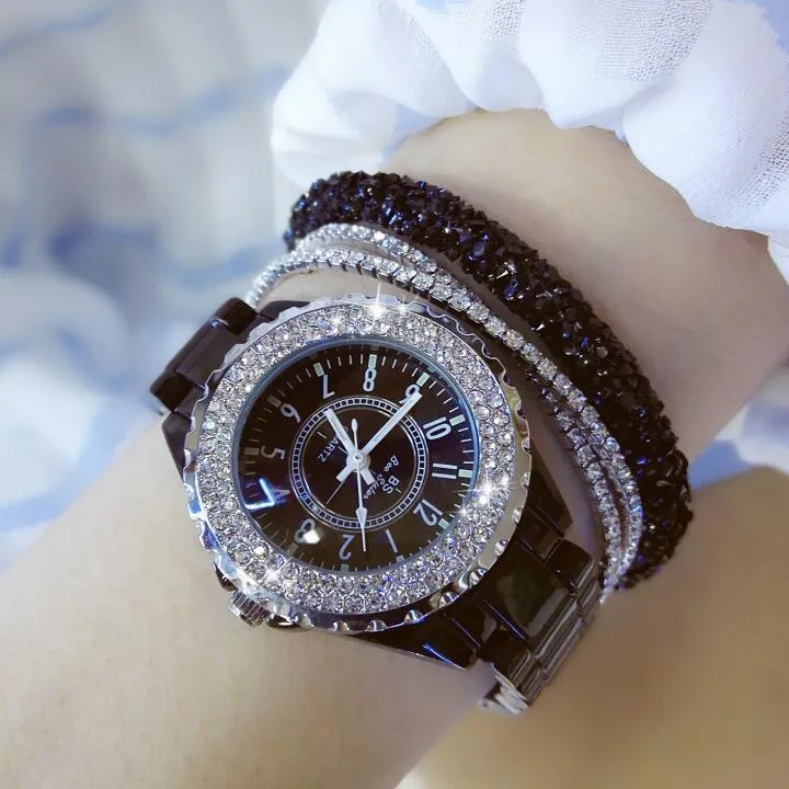 2018 Été Femmes Strass Montres Lady Diamant Pierre Robe Montre Noir Blanc Bracelet En Céramique Montre-Bracelet dames Montre En Cristal C254u