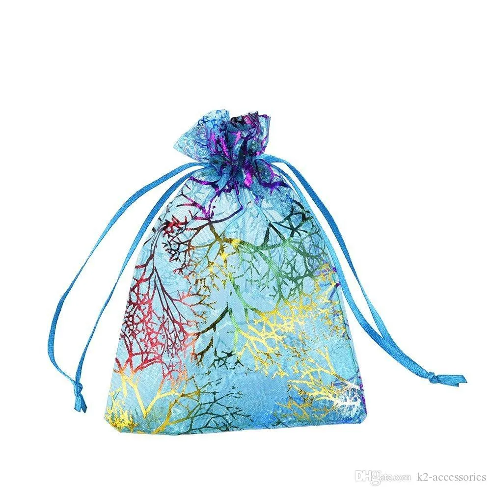 Sacs en Organza corail bleu 9x12cm, 100 pièces, petit sac cadeau de mariage, jolis sacs d'emballage de bijoux et bonbons, pochette à cordon 3310