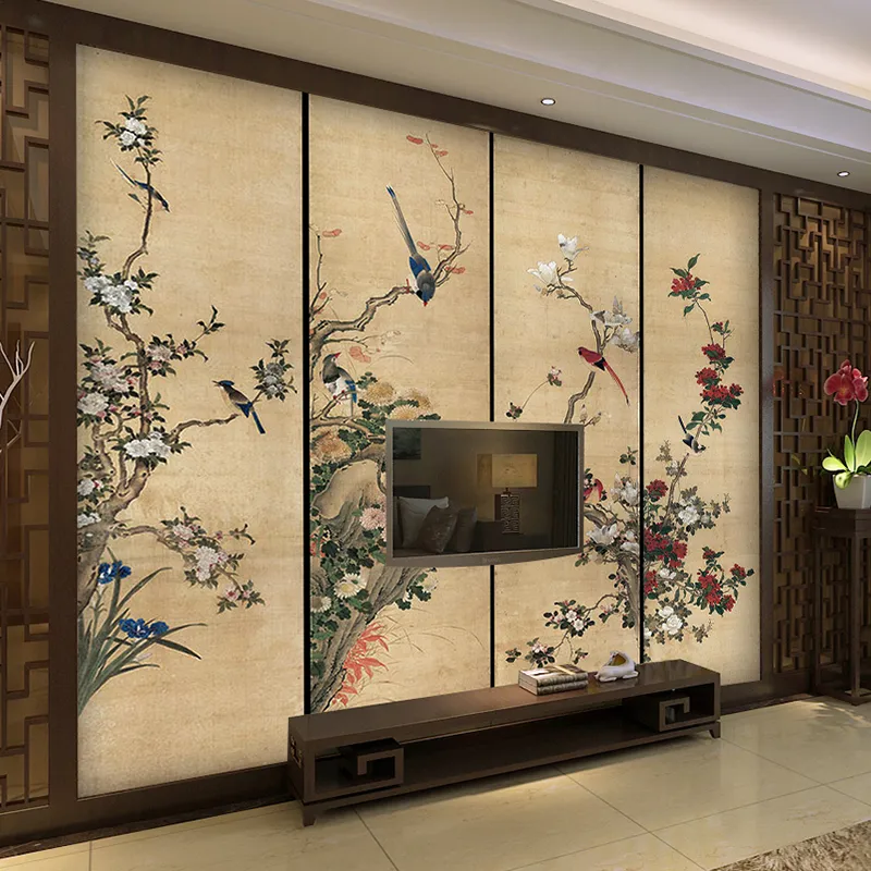 Personalizado 3 D Fondo de pantalla TV Fotomural para fondo de TV Fondo grande Flor de tinta y pájaro Frescos Fondos de estilo retro chino para sala de estar