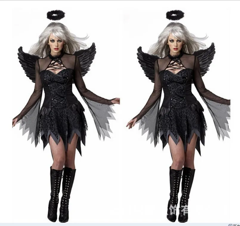 White Black Devil Fallen Angel Costume Women Sexy Halloween Party Clothes Adult Costumes Fancy Dress Head Wear Wing235D