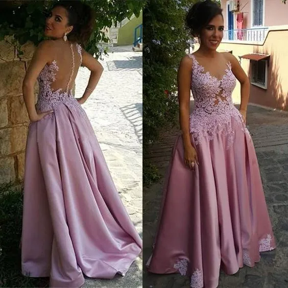 2018 Beautiful Sheer Neck Evening Dress Long Hollow Back Applique A line Satin Lace Bead Sequin Ruched Cheap Prom pageant Dresses New