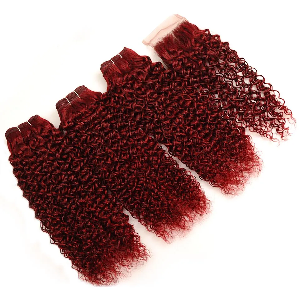 Kinky Curly #99J Brazilian Wine Red Human Hair Weaves 3 Bundle Deals with Lace Front Closure 4x4 Curly Virgin Burgundy Human Hair Bundles