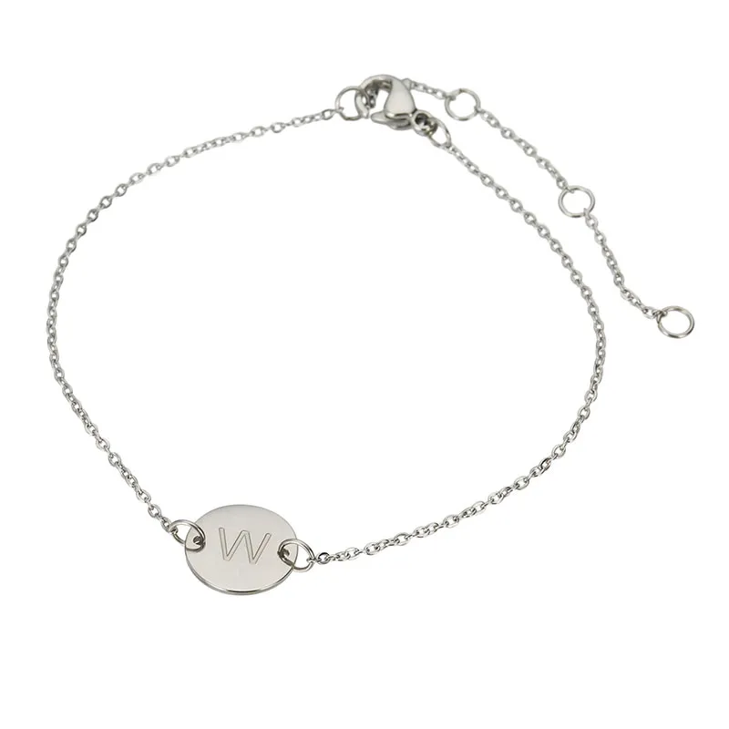 26 Initials Letter Disc Bracelet for Women Silver color Stainless steel Polish Chain Letter Disc Charm Bracelets & Anklets BR1443