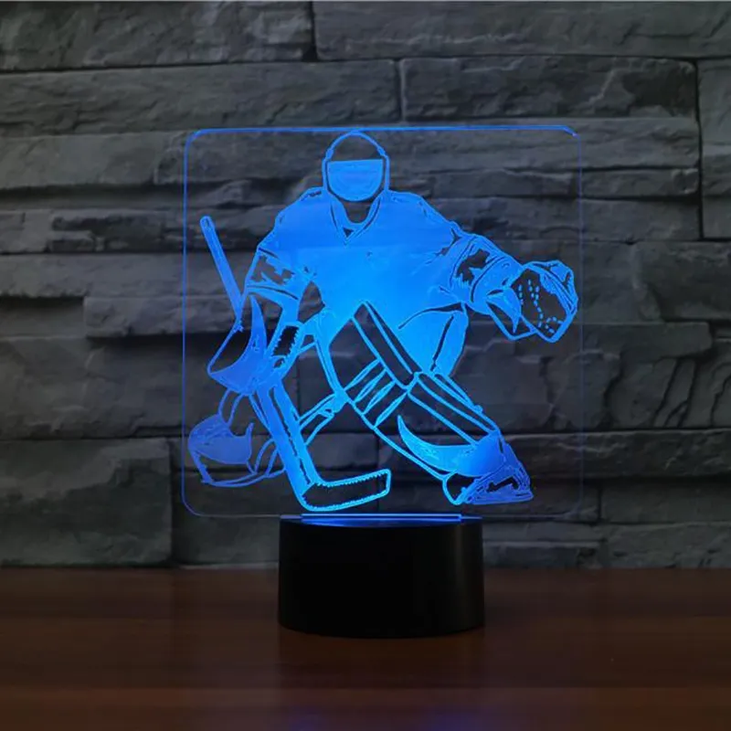 3D Ice Hockey Goalie Modellering Table Lamp 7 Kleuren Verander LED Nachtlicht USB Slaapkamer Slaapverlichting Sportfans Geschenken Home Decor297p