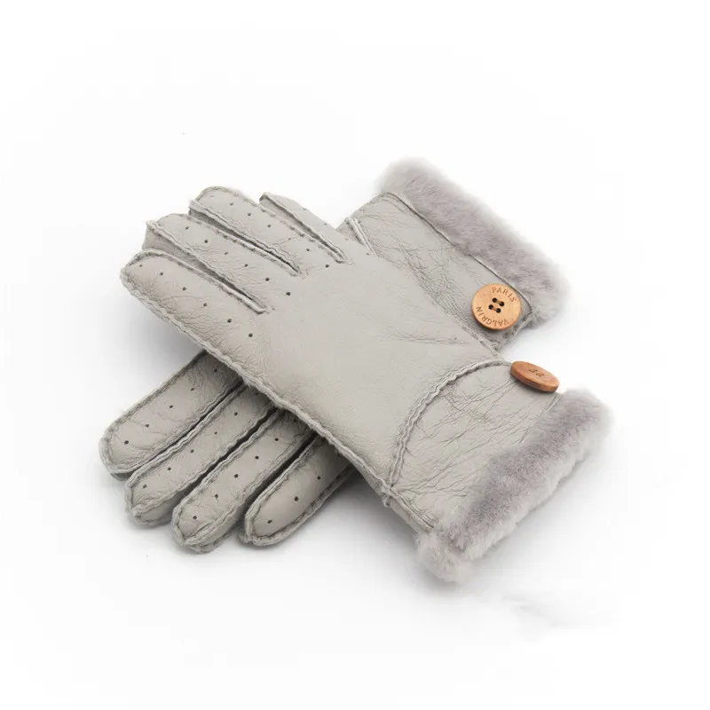 Whole-新しい暖かい冬の女性の革の手袋本物のウールの女性100％200z