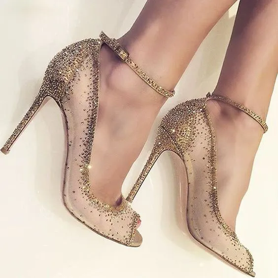 Ladies Elegant Pep Toe Mesh Rhinestone Thin Heel Pumps Ankle Strap Lace Crystal High Heels Wedding Shoes