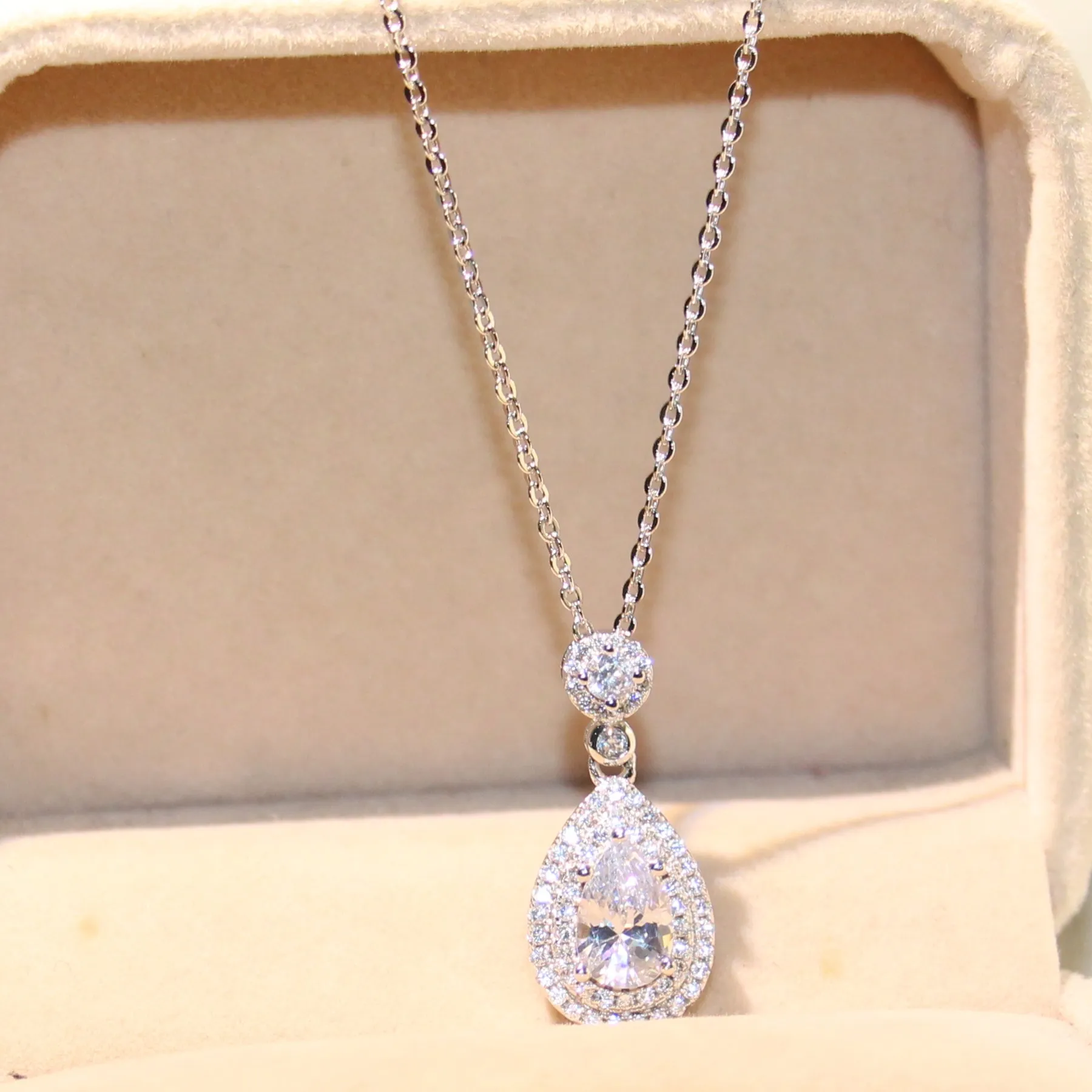 925 Sterling Silver Water Drop Necklace with Pear Shape Topaz CZ Diamond Pendant for Women