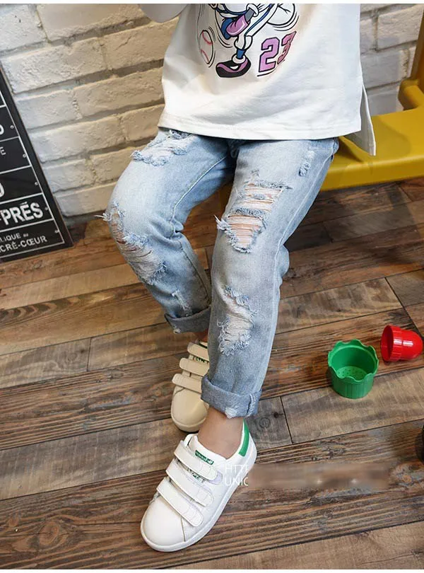 Children's denim pants 2018 New Fashion baby boys girls personality Frosted hole stretch jeans kids clothing 
