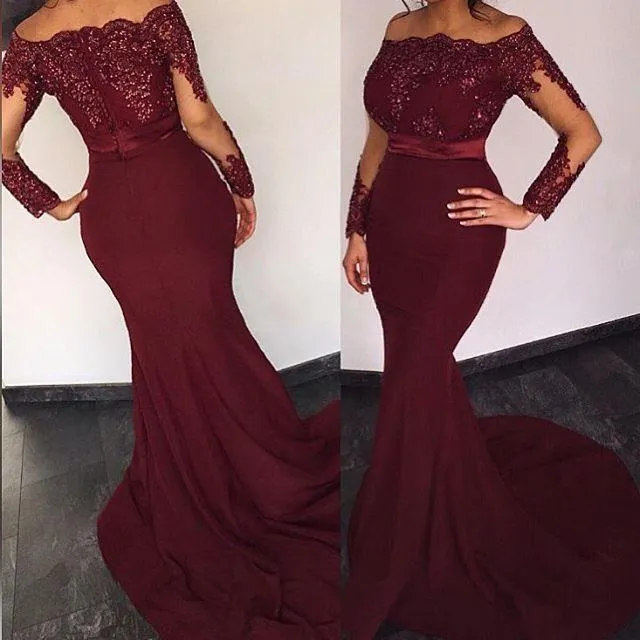 2018 Burgundy Red Mermaid Evening Dresses Wears Bateau Neck Long Sleeves Sequins Off Shoulder Appliques Satin Cheap Prom Dresses For Women