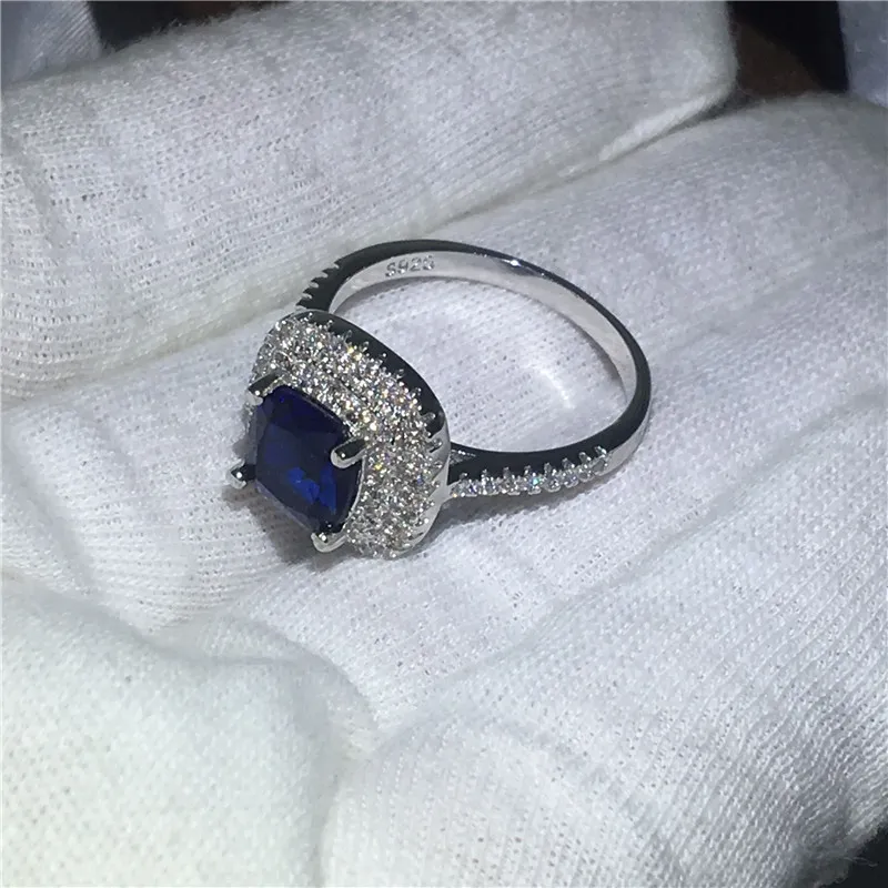 Damesmode kussen gesneden 3ct Blauw 5A zirkoon kristal 925 Sterling zilver Engagement wedding band ring voor vrouwen Bijoux280H