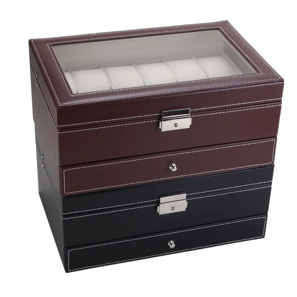 Профессиональный ящик для хранения часов с 12 сетками, двухслойный чехол для часов из искусственной кожи, органайзер, держатель, черный, коричневый, цвет 235J