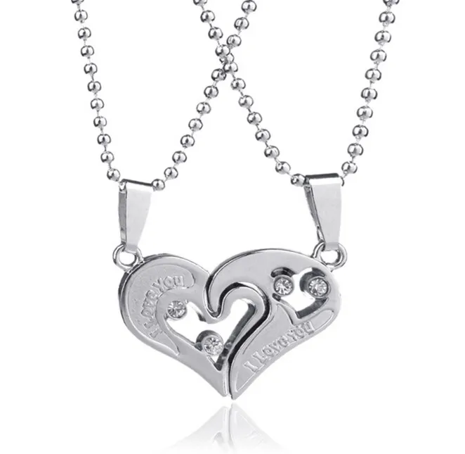 Double Heart Pendant Necklace 316L Stainless Steel Crystal Matching Jewelry Couple Lovers I Love U Necklaces A Set284J