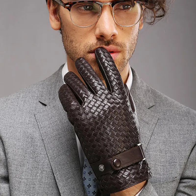 Fashion Gloves for Men New High-end Weave Genuine LeatherSolid Wrist Sheepskin Glove Man Winter Warmth Driving1316M