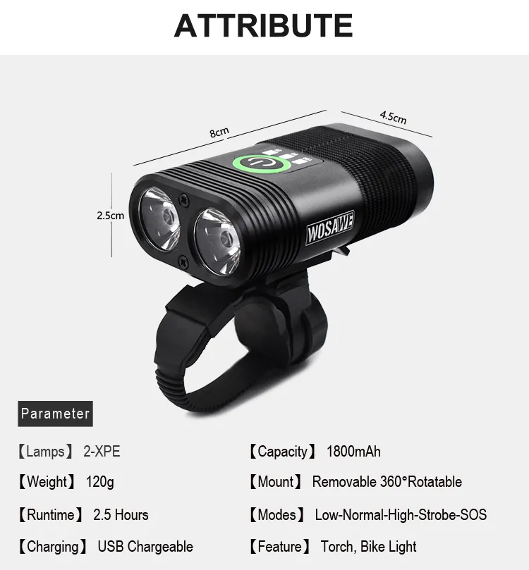 WOSAWE NUOVA Torcia a LED da 2400 lumen USB ricaricabile Luce bici Ampio proiettore IP67 Impermeabile SOS Accessori ciclismo C18110708328911