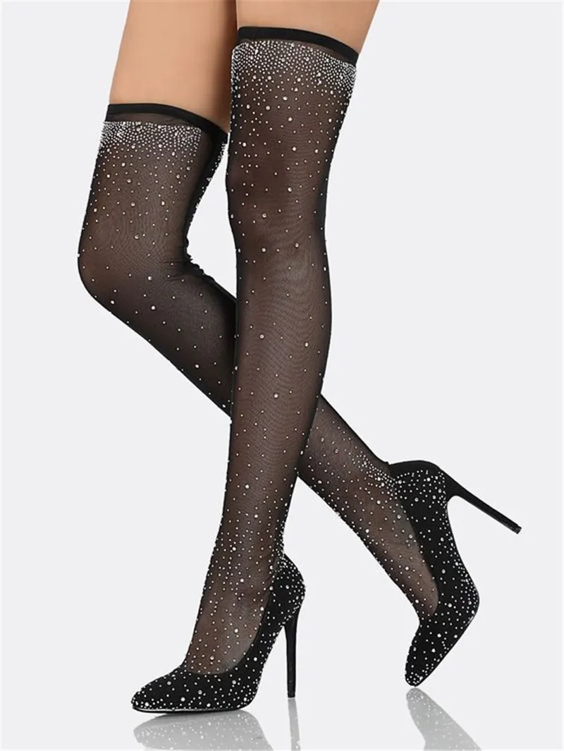 Bling puntige teen zwarte vrouwen legging ontwerp boven knie dun kanten maas kristallen bandage hoge hak long laarzen jurk schoenen 5