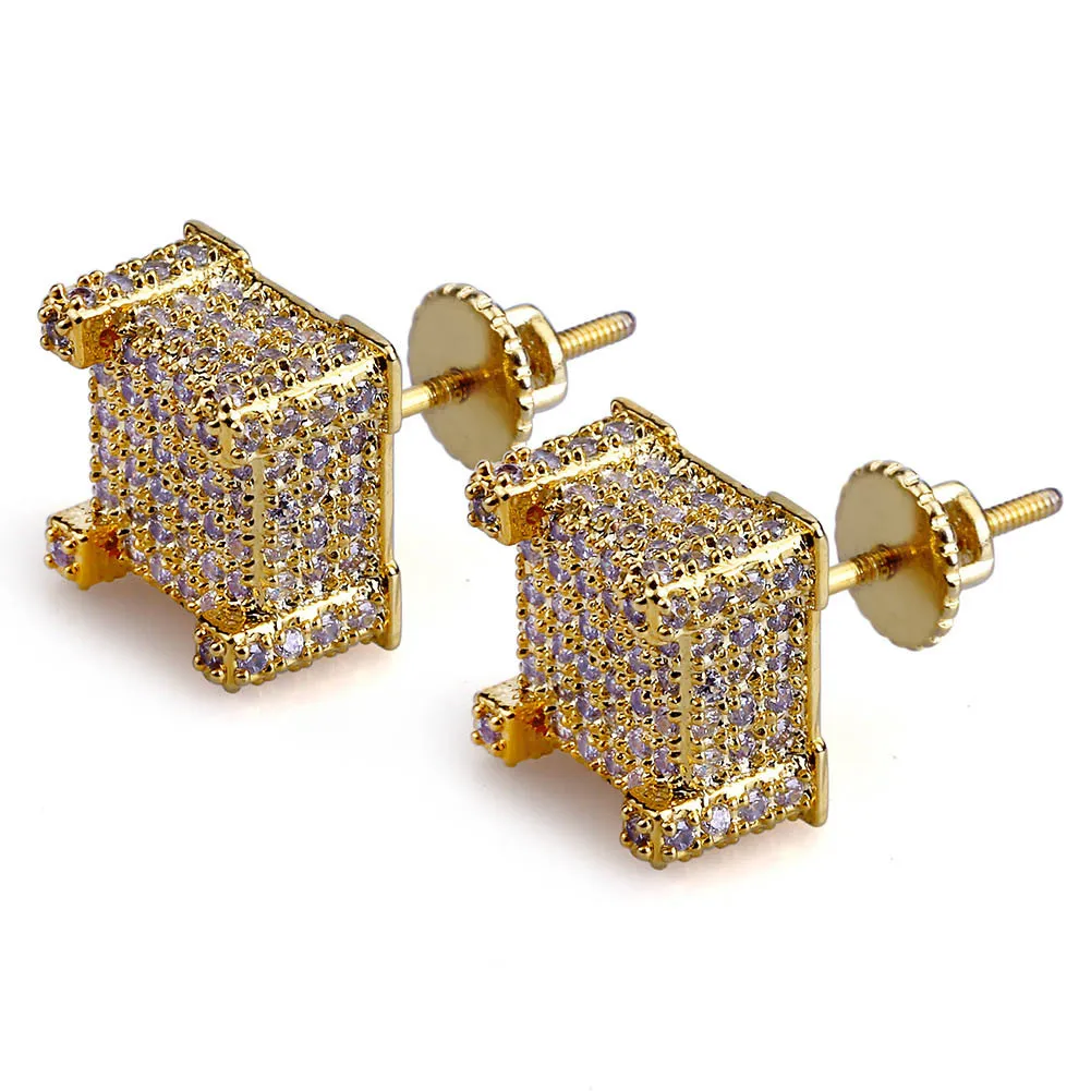 Hip Hop Iced Out 14k Gold Plated Stud Earrings Square Micro-mosaic Zircon Earrings for Men Women Party Gifts