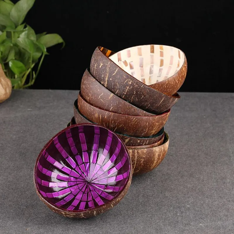 Tigela de coco de coco natural de coco integral tigela decorativa de madeira tigela de madeira pintada de ornamento colorido bigia de doces ship279h