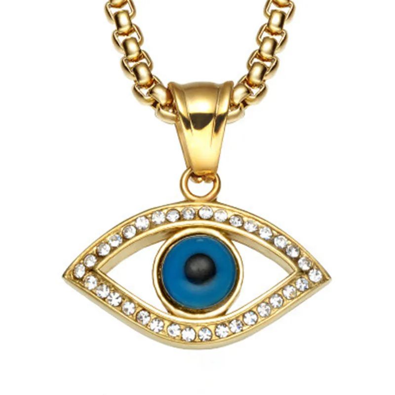 Evil Eye Pendant Necklace Stainless Steel Inlaid Crystal Turkey Good Luck Blue Eye Pendant 60cm Chain8656061