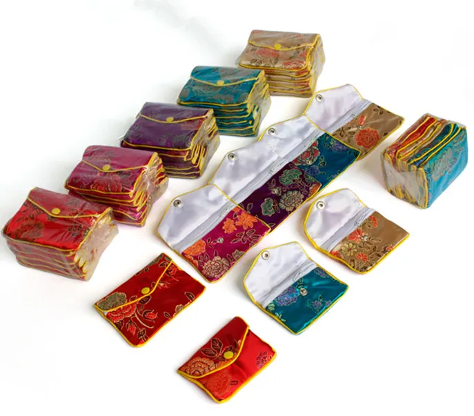 120st Floral Zipper Coin Purse Pouch Små presentpåsar för smycken Silkpåse Pouch Kinesisk kreditkortshållare 6x8 8x10 10x12 cm Whol291d